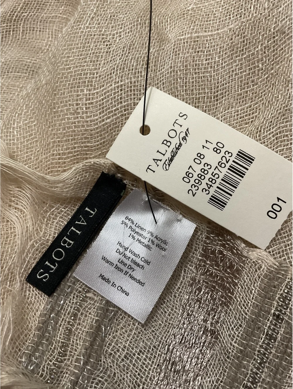 Talbots Lightweight  Linen Beige and Silver Metallic Striped Scarf with Fringe